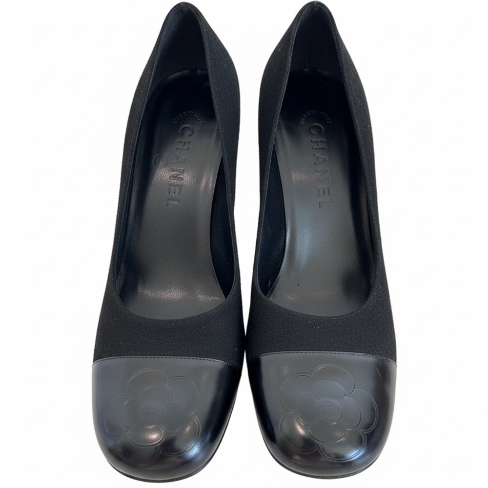 Vintage CHANEL Black Camellia Cap-Toe Pumps- size 38